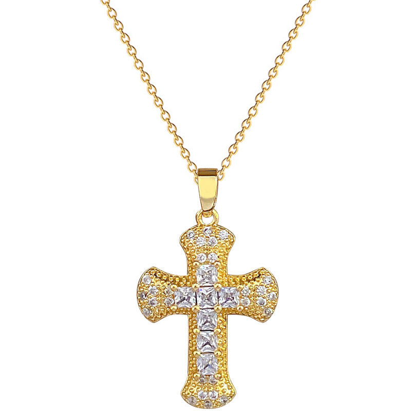 Luxury Titanium Steel Cross Pendant Necklace with Zircon Inlay for Women and Men Collar Chain
