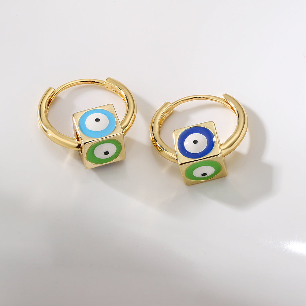 Geometric Square Drop Earrings for Women in Copper with 18K Gold Plating and Enamel Eye Detail