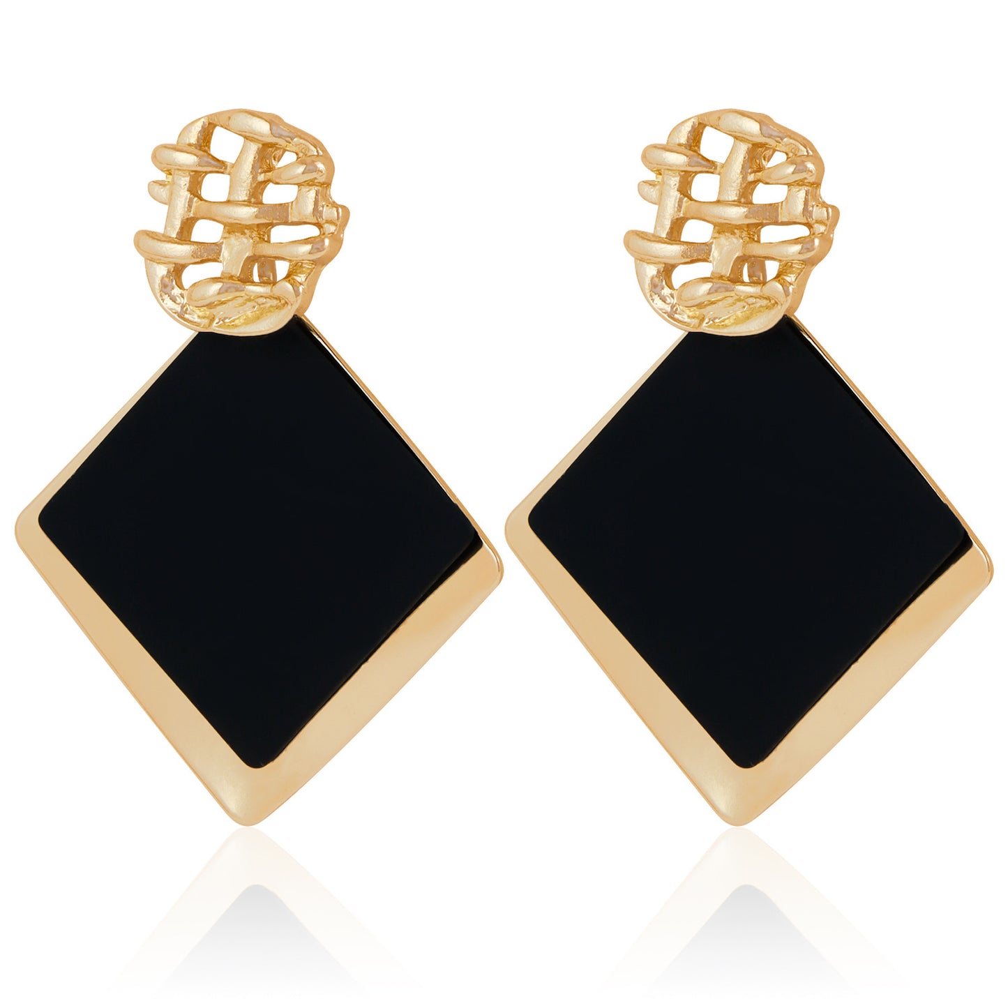 Fashionable Black Square Geometric Stud Earrings for Women with Metallic Finish and Electroplated Surface