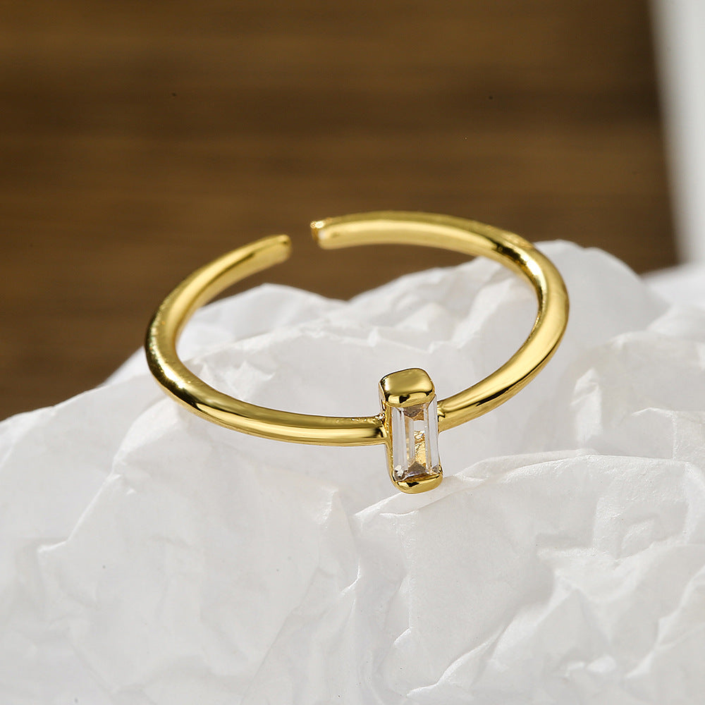 Minimalist French-Style Geometric Copper Ring with Real Gold Plating and Zircon Inlay for Women Adjustable Stackable Band