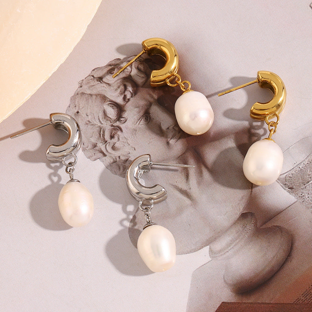 Minimalist Vintage Geometric Stainless Steel 18K Gold Plated Pearl Stud Earrings for Women