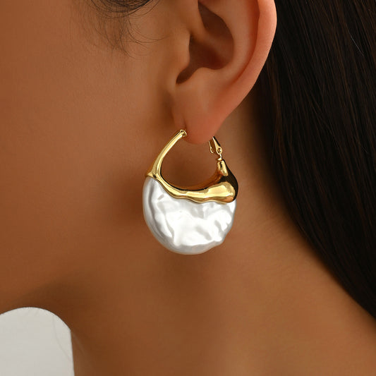 Geometric Pearl-Inlaid Copper Earrings for Women with Stainless Steel Posts, Minimalist Fashion-Forward Everyday Jewelry