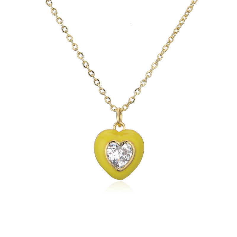 Elegant Heart Drip Oil Inlay Cubic Zirconia Brass Necklace for Women with Cable Chain