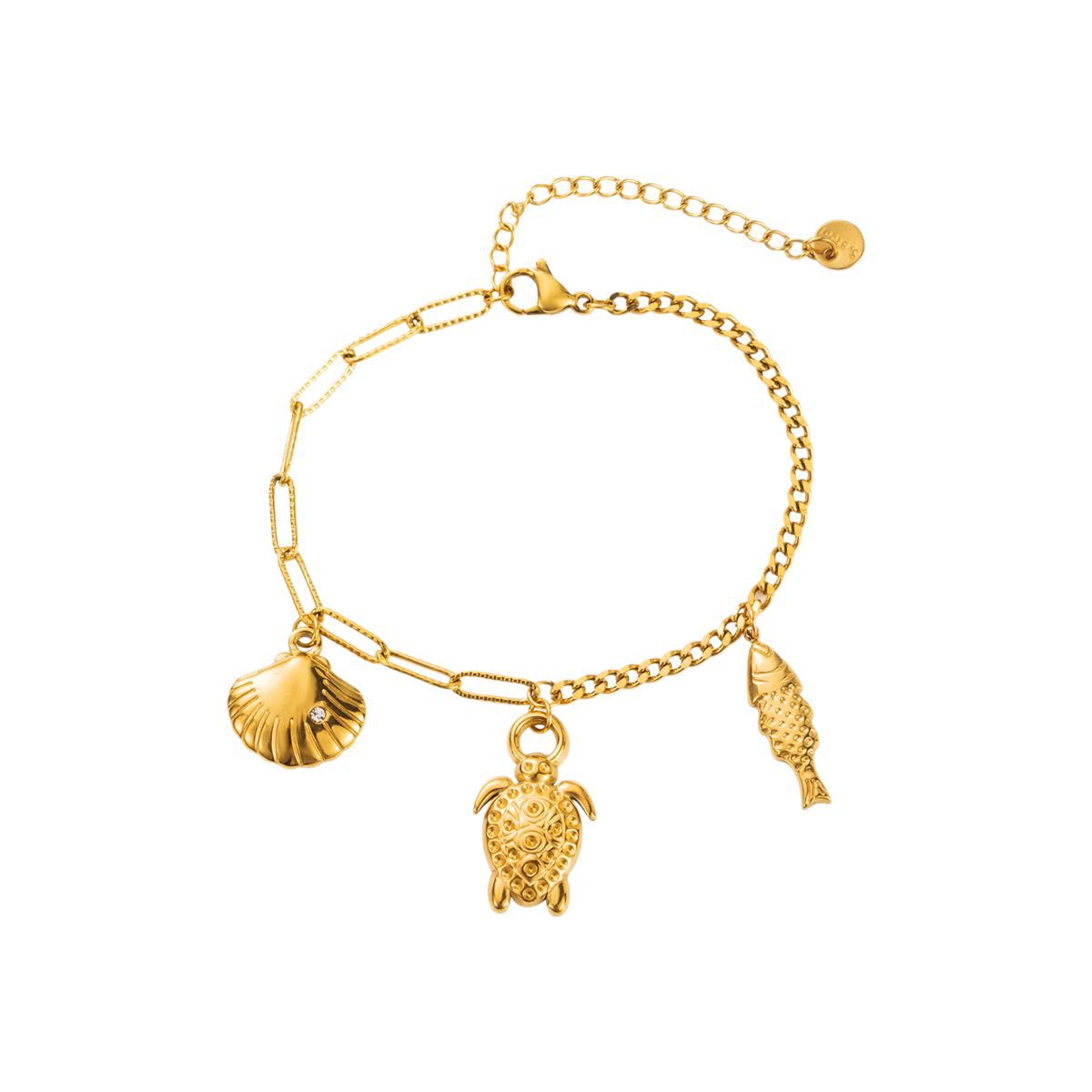Pulsera de mujer con colgante de estrella de mar y tortuga estilo vacaciones en acero inoxidable con incrustaciones de diamantes de imitación