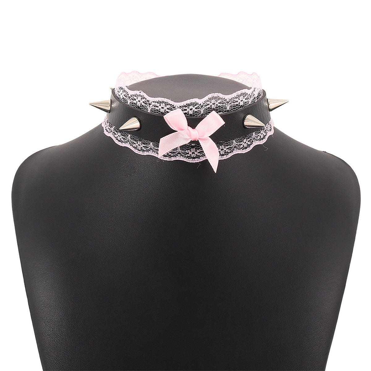 Gargantilla Punk Atrevida con Remaches y Lazo de Encaje para Mujer, Cadena Corta de Clavícula de PU y Encaje con Diseño Geométrico