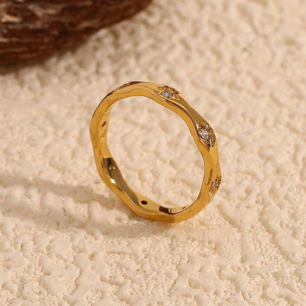 Minimalist Geometric Wave Octagram Stainless Steel Ring for Women with 18K Gold Plating