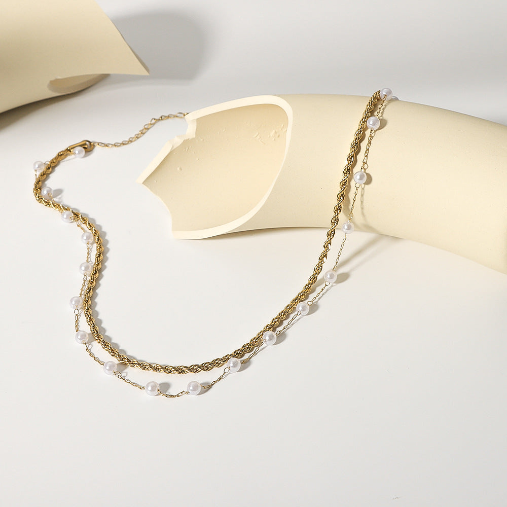 Collana con pendente geometrico minimalista da donna con catena in acciaio inossidabile placcato oro 18 carati con inserti di perle