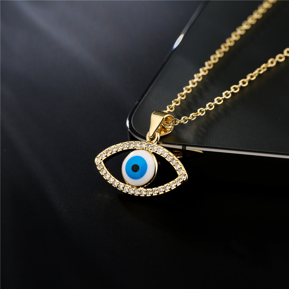 18K Gold Plated Brass Heart Star Evil Eye Pendant Necklace with Cubic Zirconia Inlay on Cable Chain