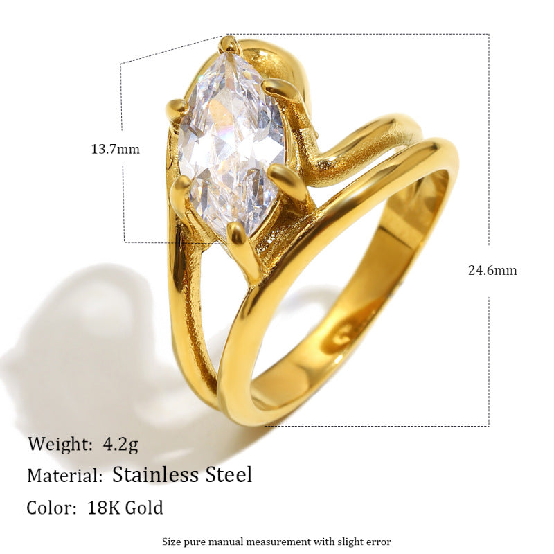 Luxury Minimalist Marquise Teardrop Geometric Gold Plated Stainless Steel Ring with Cubic Zirconia for Women