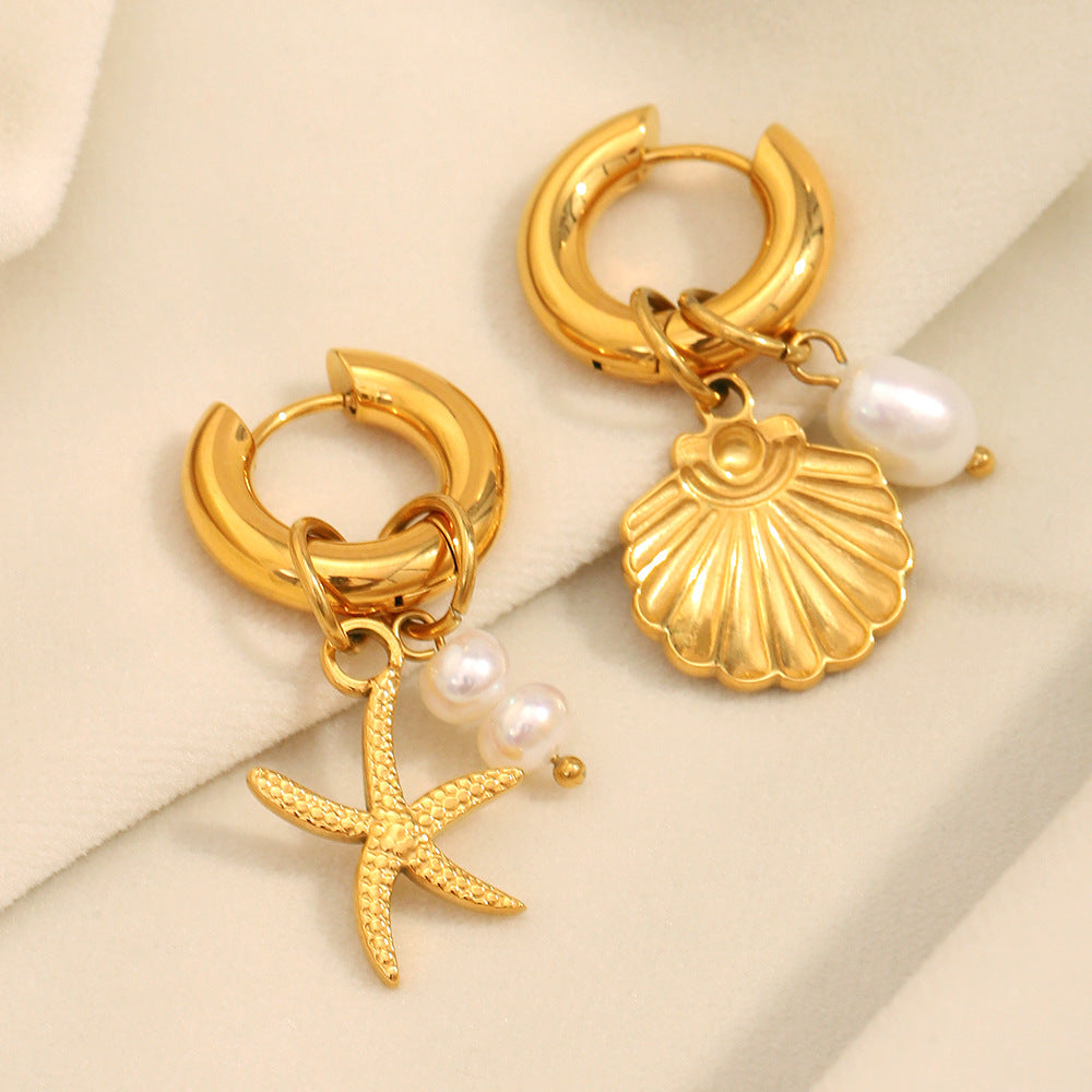 Minimalist Starfish Pendant Earrings for Women Stainless Steel with 18K Gold Plating and Pearl Accents