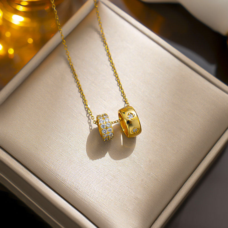 Cartoon Style Double Ring Geometric Titanium Steel Necklace with Gold Plating for Women, Delicate Clavicle Chain
