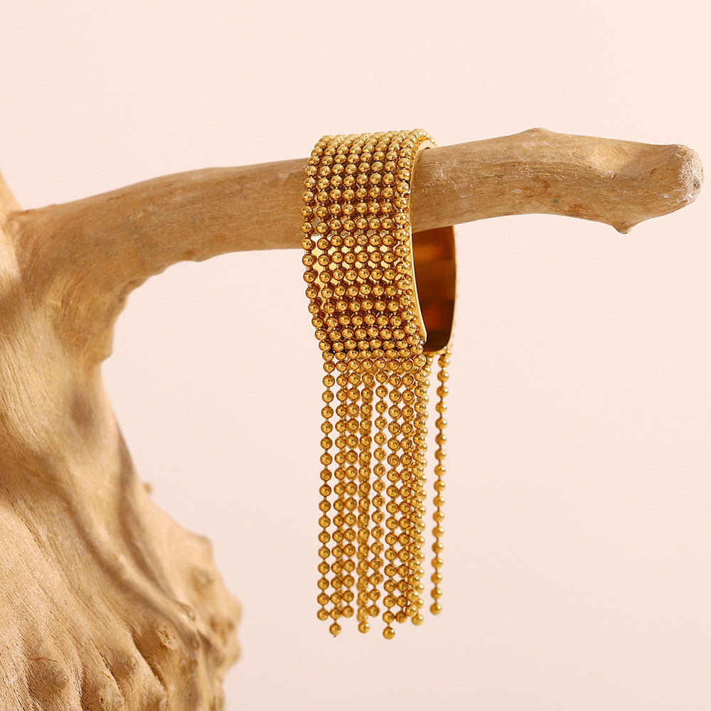 Minimalist Geometric Stainless Steel Plated 18K Gold Beaded Tassel Wide Cuff Bracelet for Women