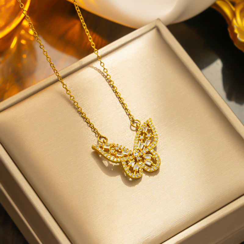 Minimalist Butterfly Pendant Necklace for Women in Titanium Steel with Micro-Pave Zirconia and Vacuum Electroplating on O-Chain