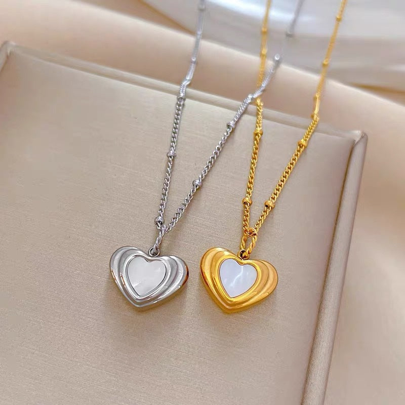 Minimalist Heart-Shaped Mother-of-Pearl Pendant Necklace in Titanium Steel with Plated Finish for Women and Men