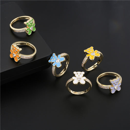 Cute Drip Oil Micro-inlaid Cubic Zirconia Brass Bear Ring for Women