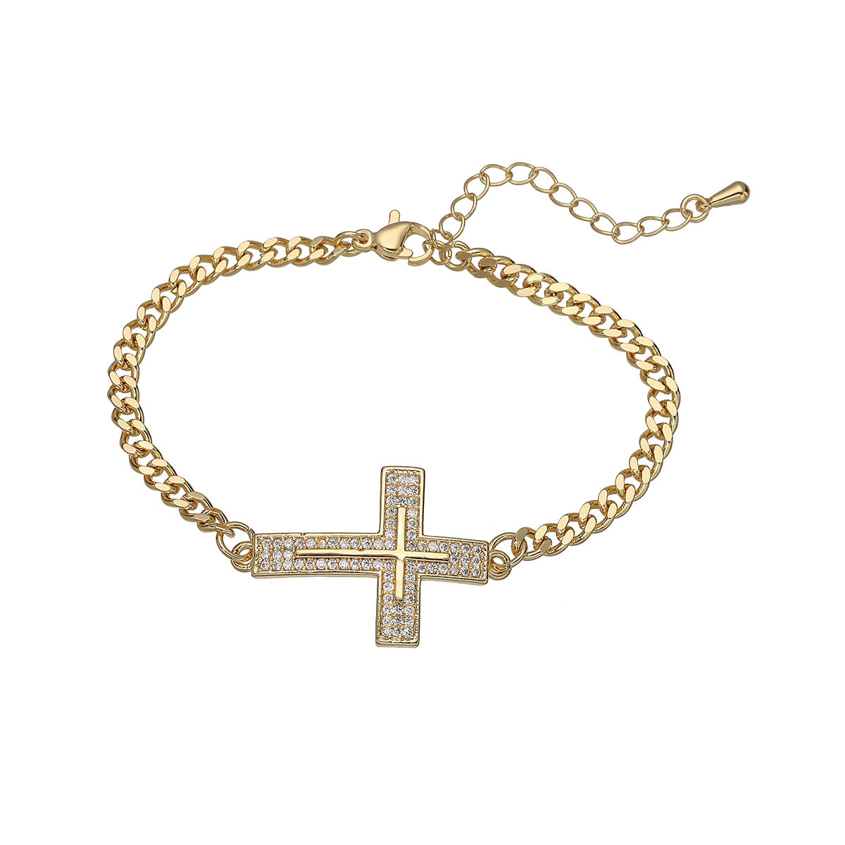 Hip-hop Fashion 18K Gold Plated Brass Cross Butterfly Cubic Zirconia Inlay Bracelet for Women