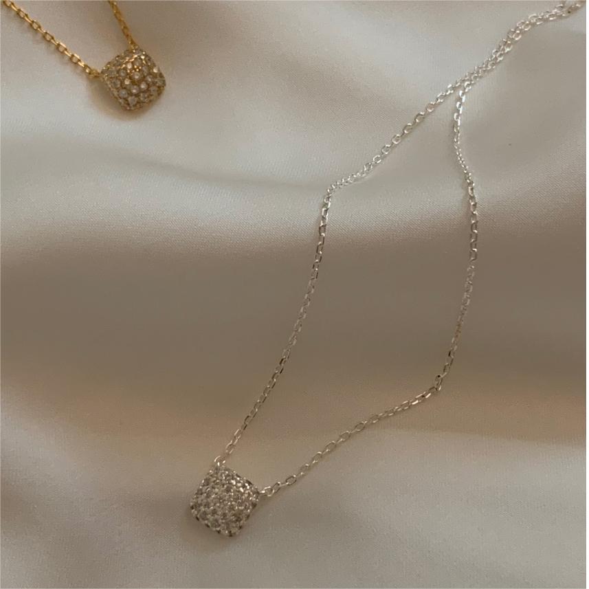 Minimalist Geometric Tulip Pendant Necklace in 925 Sterling Silver with Rhinestone Inlay on Snake Chain