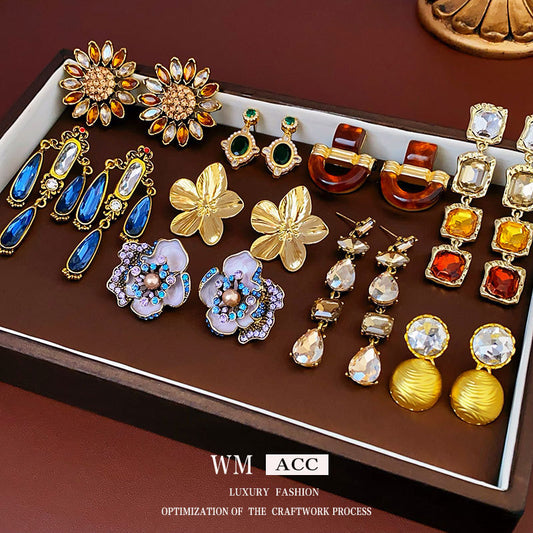 Vintage Floral Geometric Earrings with Rhinestone Inlay in Plated Copper and Steel Posts for Women
