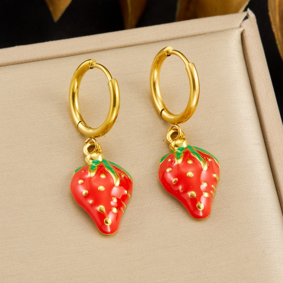 Sweet Round Drip Oil Plated Stainless Steel Strawberry Drop Earrings