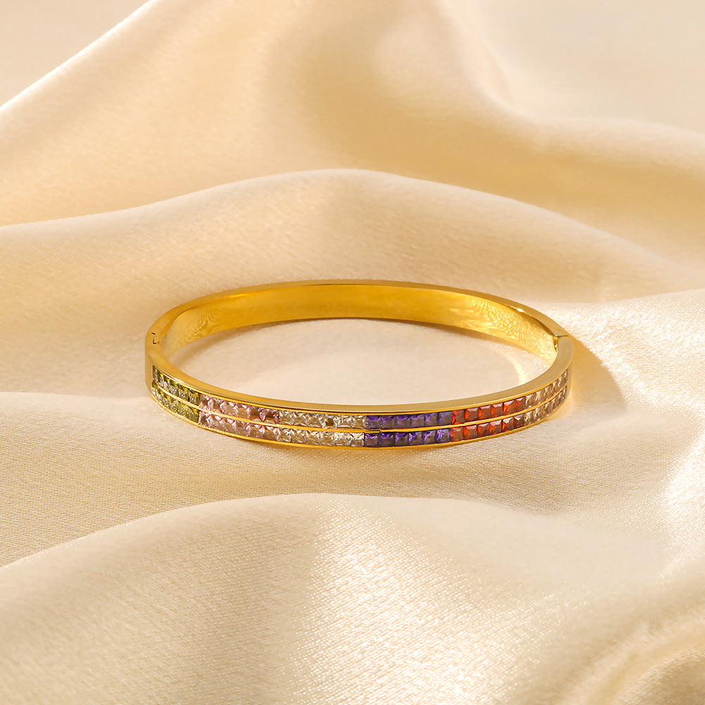 Trendy Asymmetric Rainbow PVD Plated Stainless Steel Bracelet with Colorful Rhinestones 18K Gold