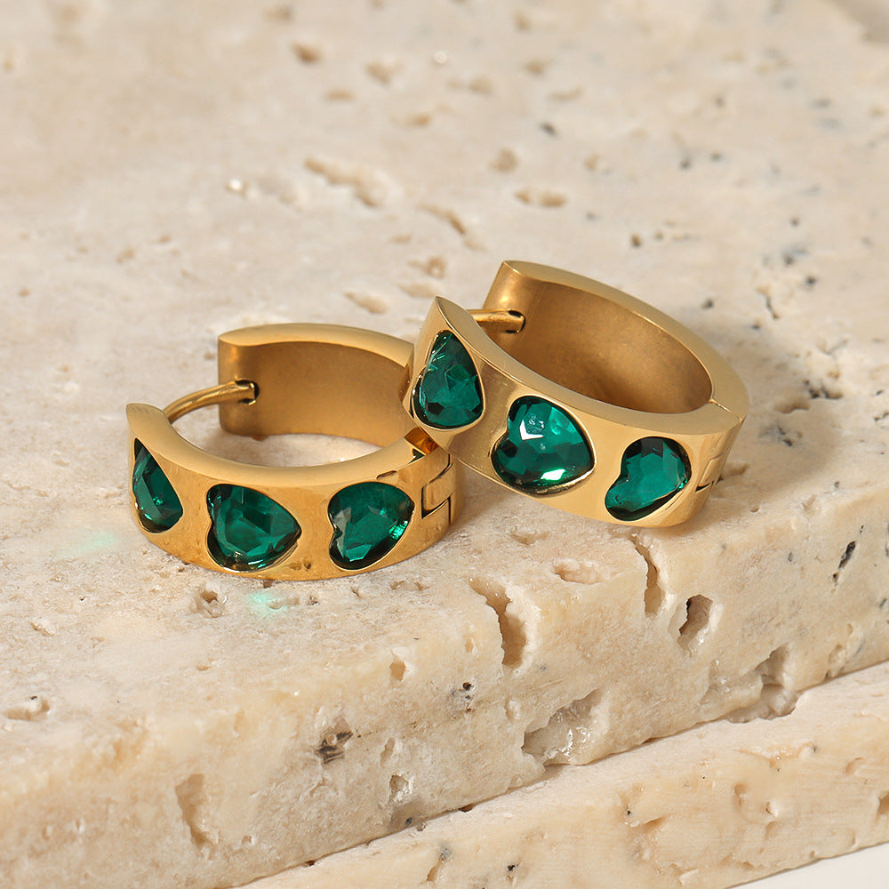 INS Style Heart-Shaped Green Zircon Inlaid Stainless Steel Hoop Earrings for Women with 18K Gold Plating