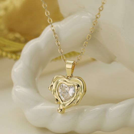 Minimalist Heart-Shaped Copper Pendant Necklace with Real Gold Plating and Zircon Accents for Women