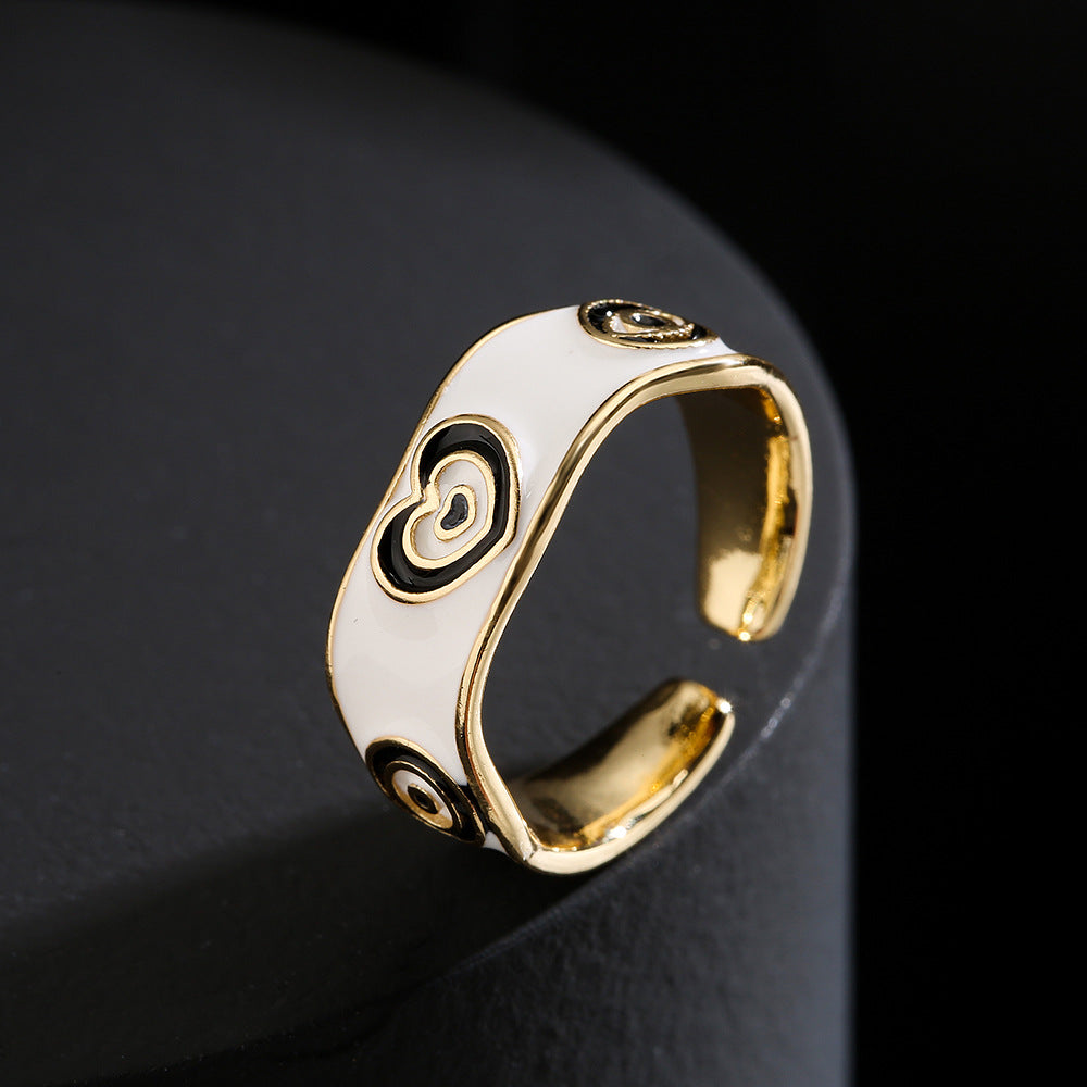 Minimalist Geometric Copper Ring with 18K Gold Plating and Enamel Heart-Eye Pattern