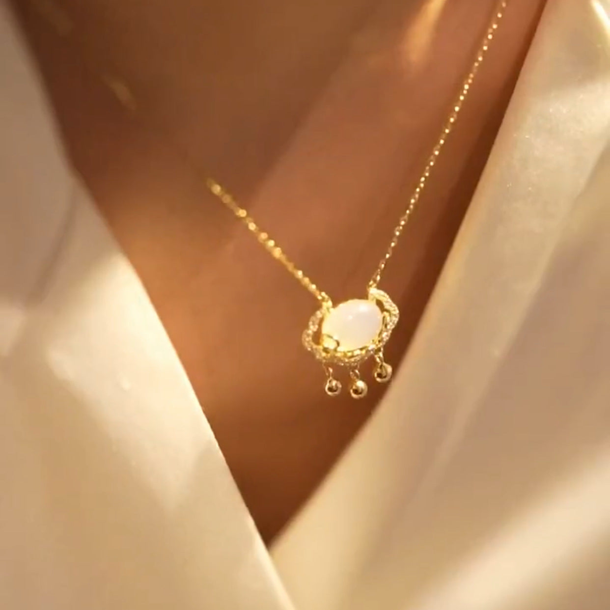 Chinese Style Cloud and Ruyi Peace Lock Pendant Necklace in Titanium Steel with Gold Plating on O-Chain for Women