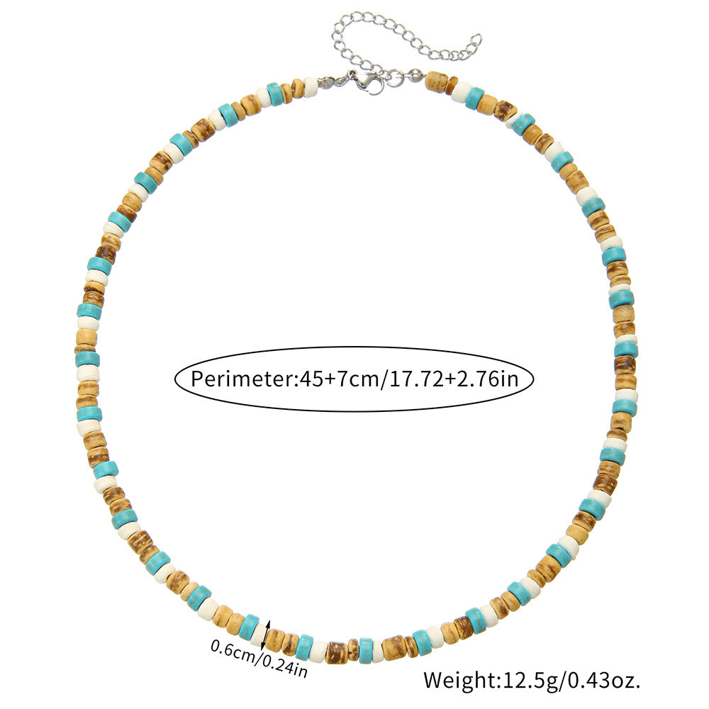 Streetwear Geometric Handmade Stainless Steel Wood Coconut Shell Turquoise Ball Chain Necklace for Unisex