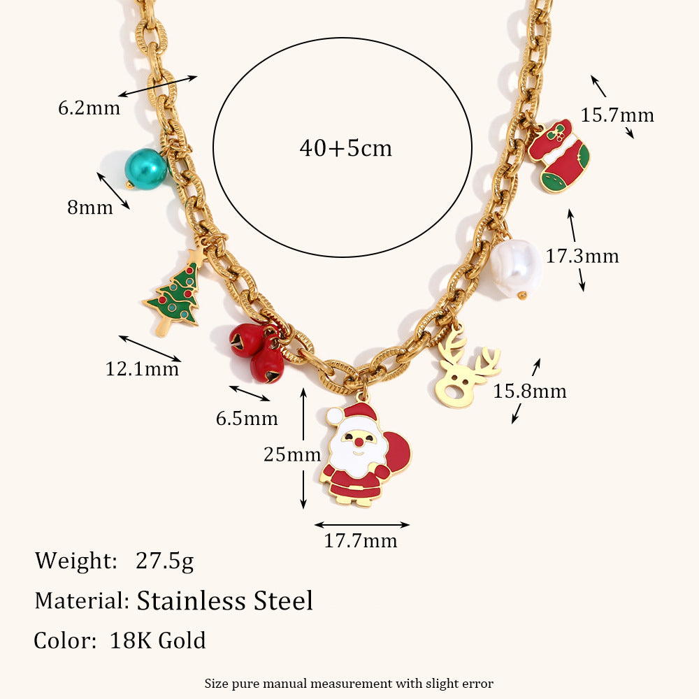 Collar con colgante de Papá Noel de Navidad a la moda para mujer con cadena de acero inoxidable y dije de campana de acero de titanio chapado en oro de 18 quilates