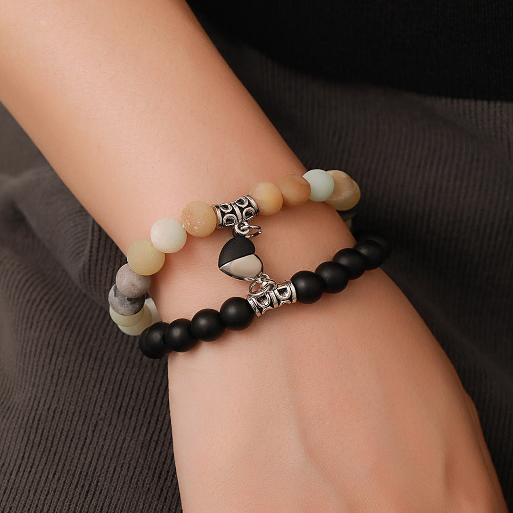 Geometric Round Heart Alloy Stone Magnetic Couple Bracelet