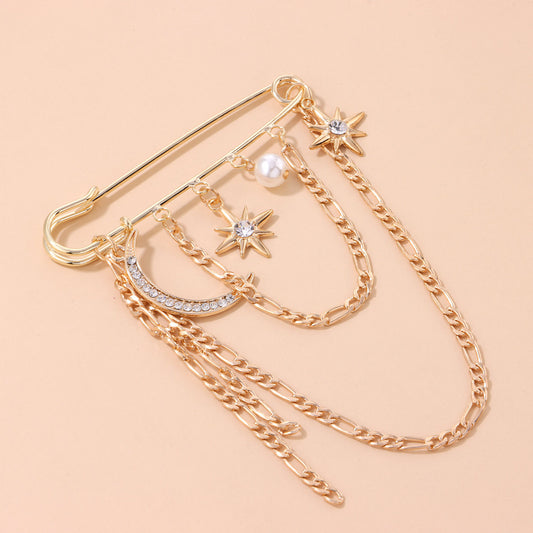 Broche de Lujo en Forma de Estrella para Mujer, Joyería Chapada en Aleación con Acento de Cadena, Elegante Accesorio de Moda