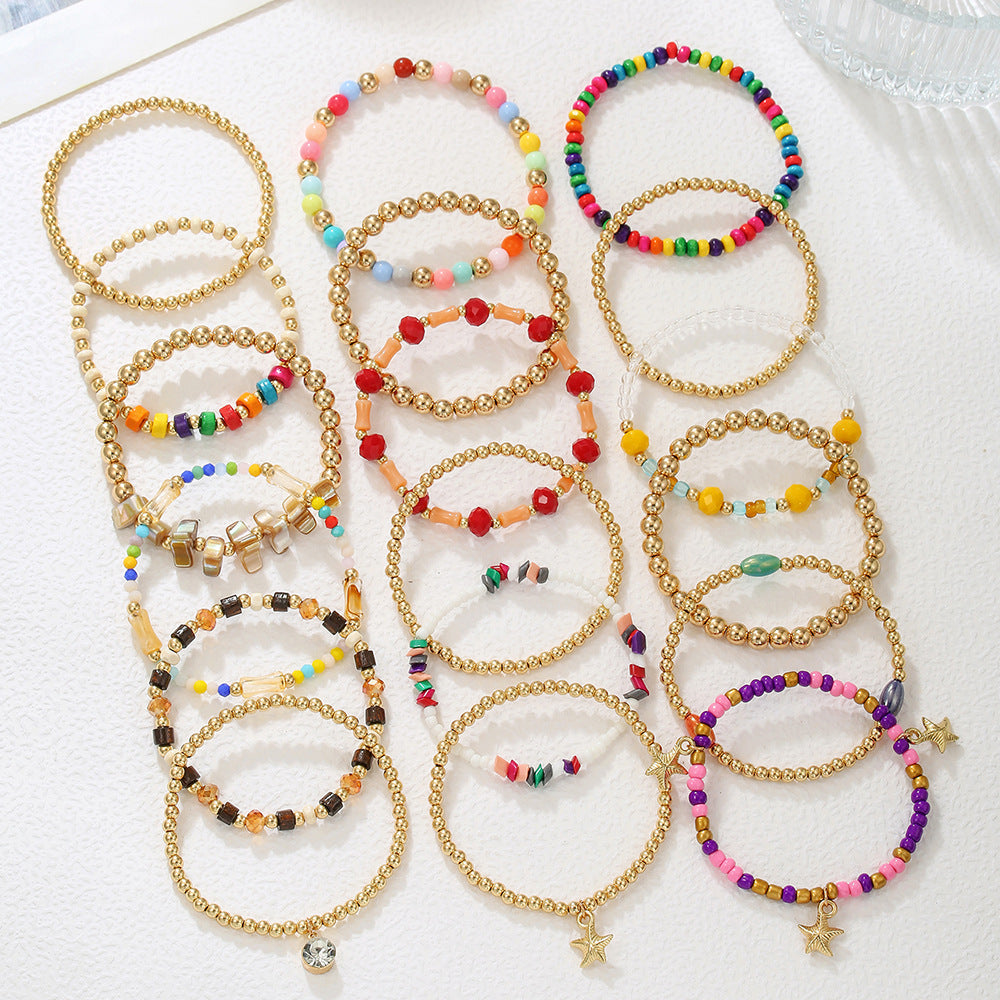 Bohemian Handmade Geometric Round Wood Glass Resin Beaded Bracelet Set for Women