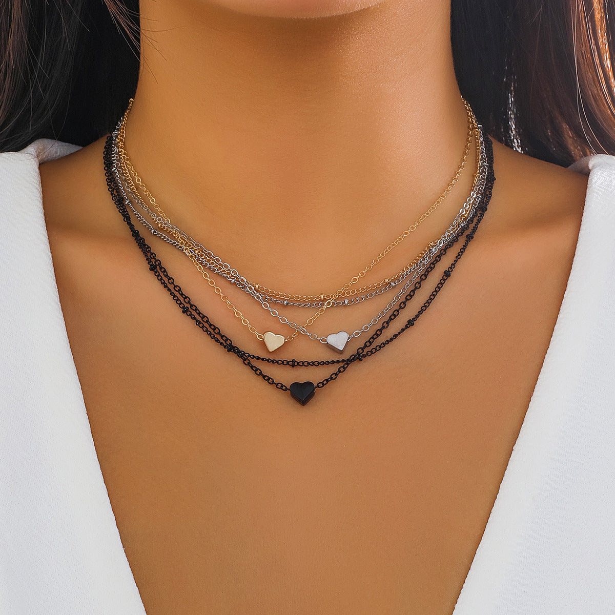 Punk Geometric Heart Alloy Plated Multi-Layer Curb Chain Necklace for Women
