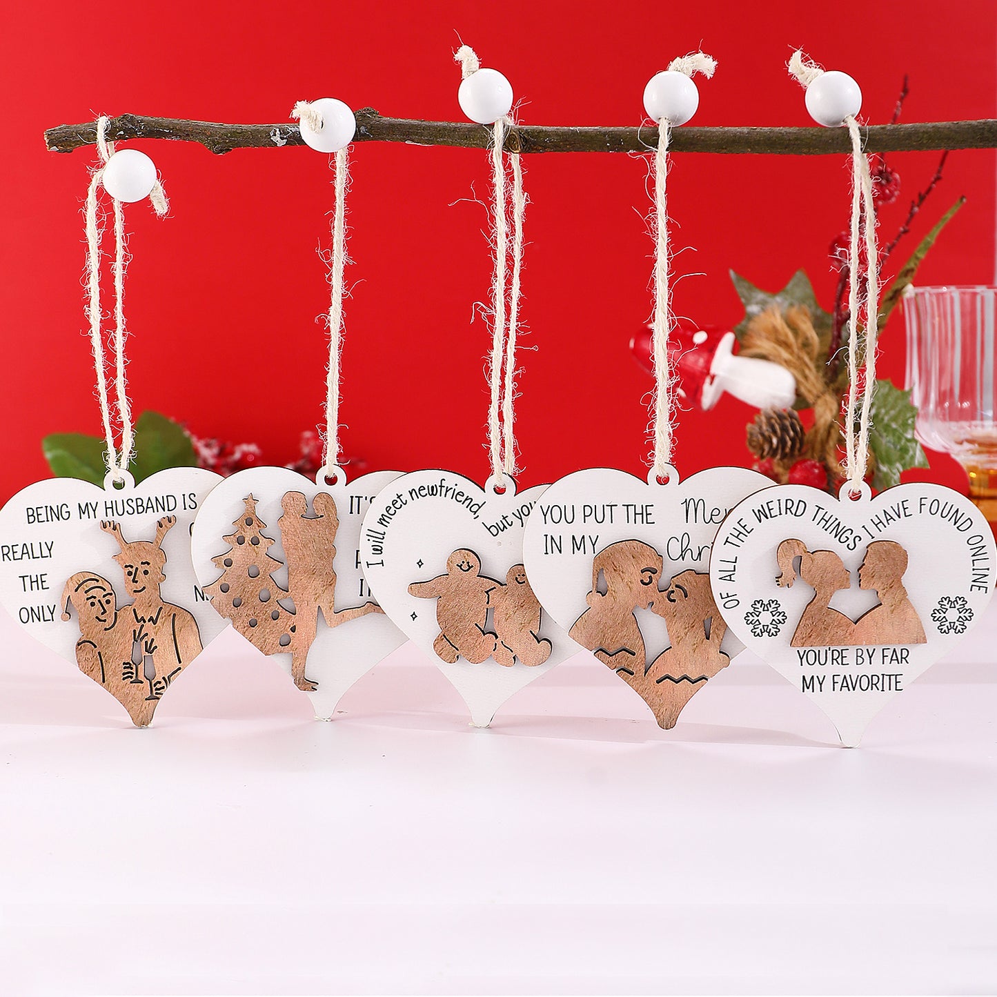 Ciondolo creativo in legno a forma di cuore con testo stampato per feste di Natale, coppie e amici