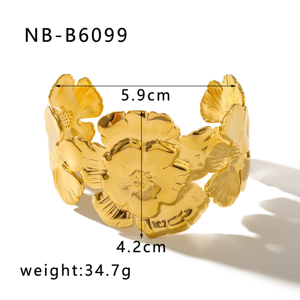 Bracciale rigido aperto da donna in acciaio al titanio a forma di fiore con placcatura in oro 18 carati, lucidissimo e scintillante