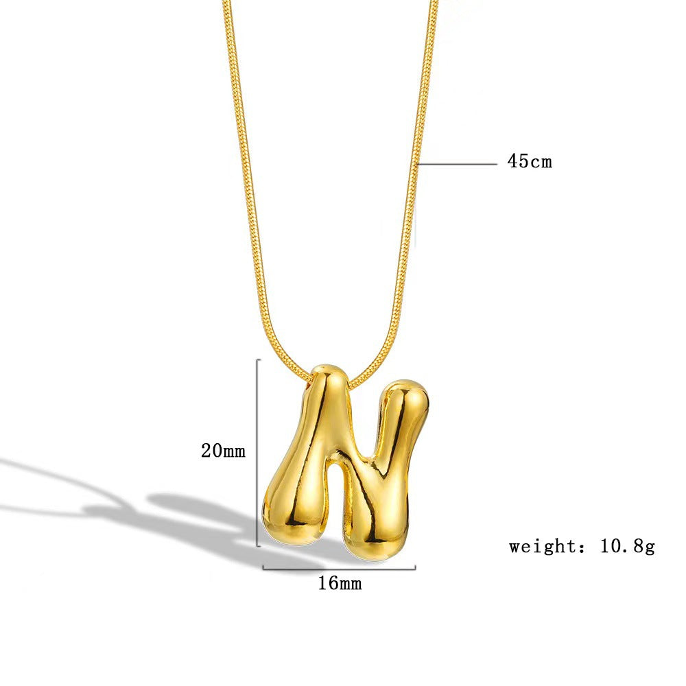 Luxury Balloon Bubble-Shaped Letter Necklace in Titanium Steel with Gold Plating, Snake Chain, Unisex Alphabet Pendant Jewelry