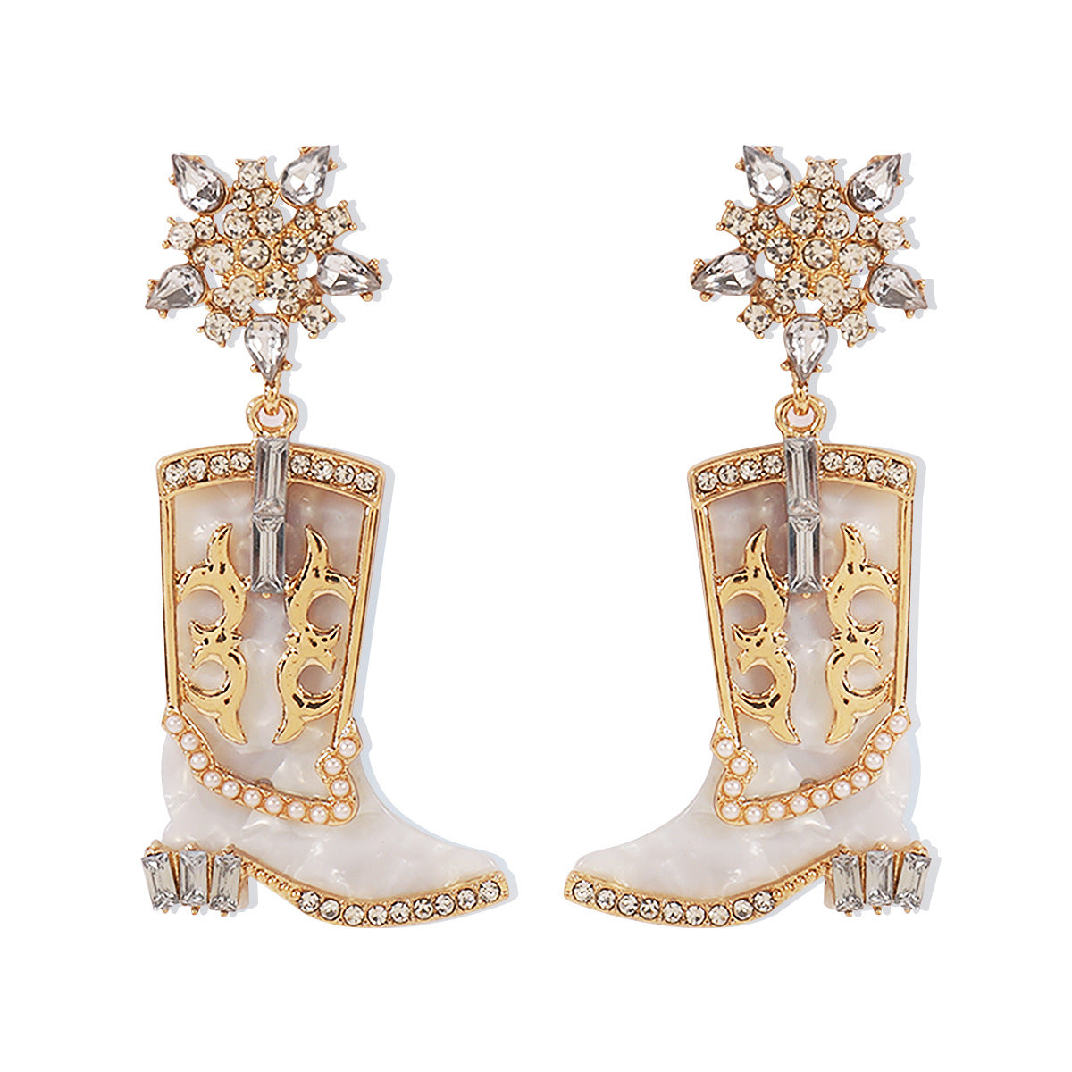 Pendientes de aleación con forma de bota vaquera, dulces y atrevidos, con incrustaciones de diamantes de imitación y acabado esmaltado para mujer