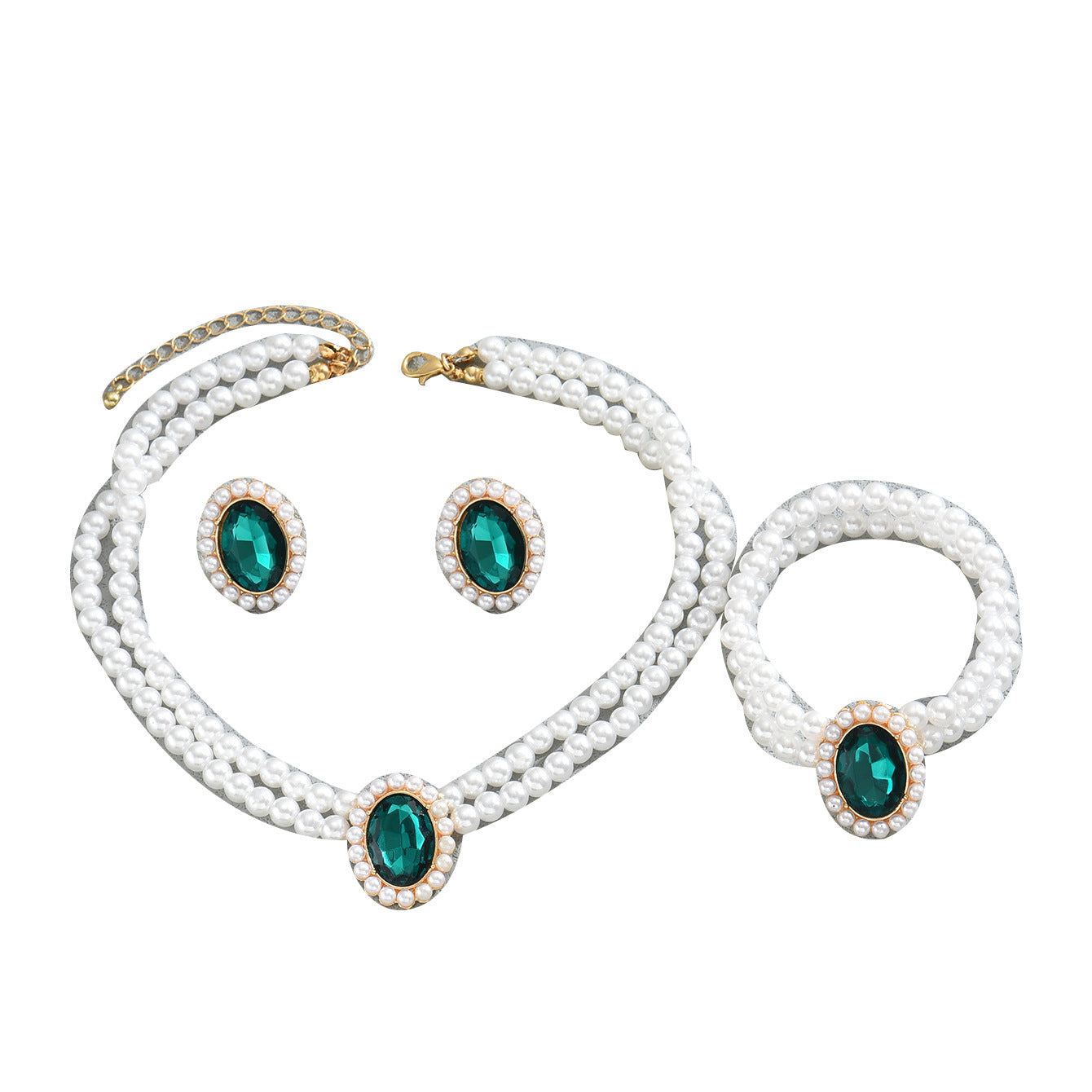 Juego de Collar y Pendientes de Cobre Geométricos Minimalistas para Mujer con Incrustaciones de Diamantes de Imitación y Cadena con Perlas