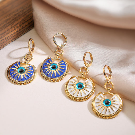 Vintage Minimalist Geometric Drip Oil Gold Plated Brass Evil Eye Earrings for Women