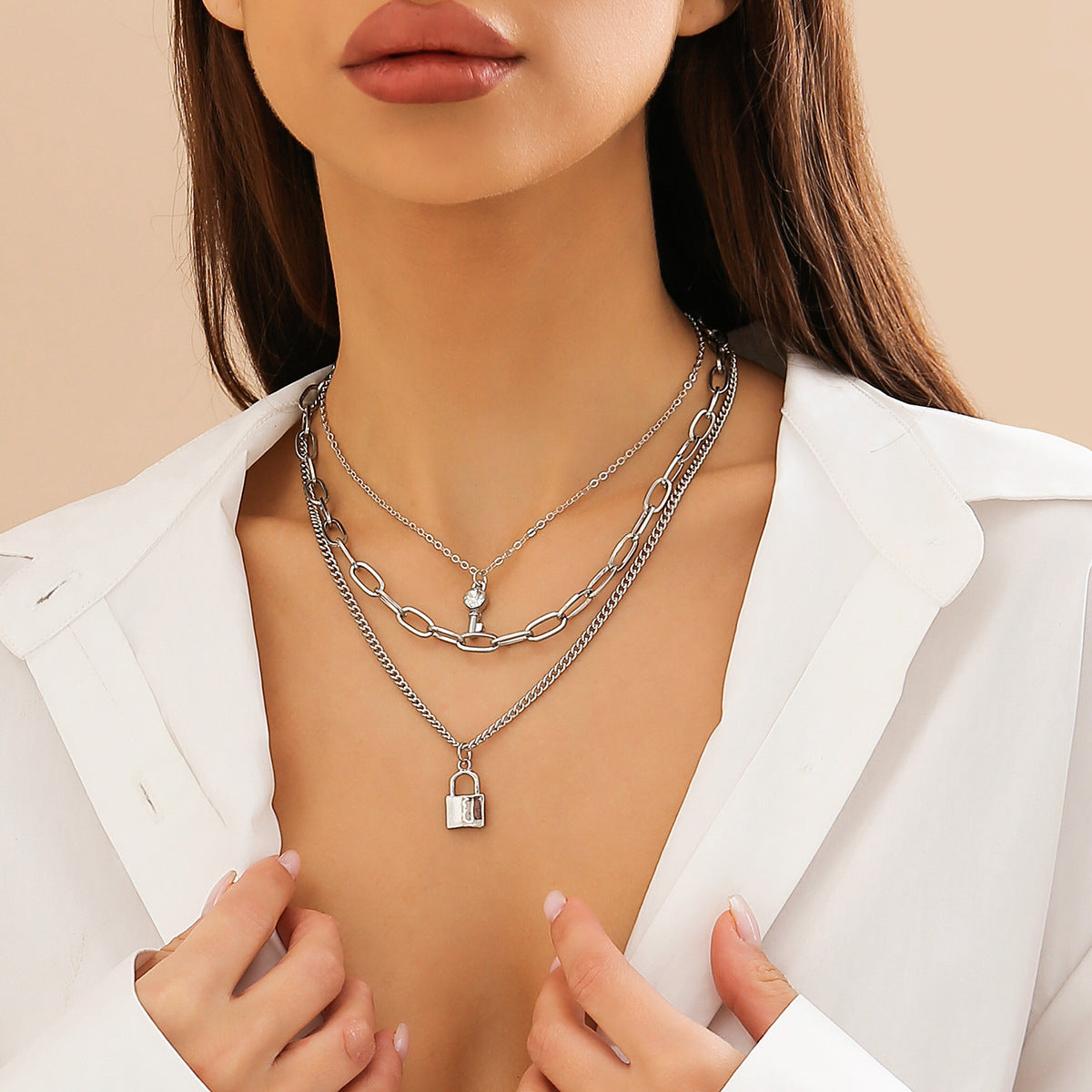 Minimalist Geometric Lock and Key Alloy Plated Necklace with Curb Chain for Women