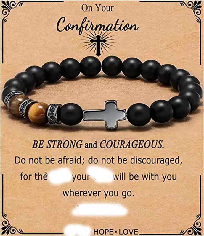 Minimalist Matte Black Beaded Bracelet with Small Cross Pendant Unisex Gift