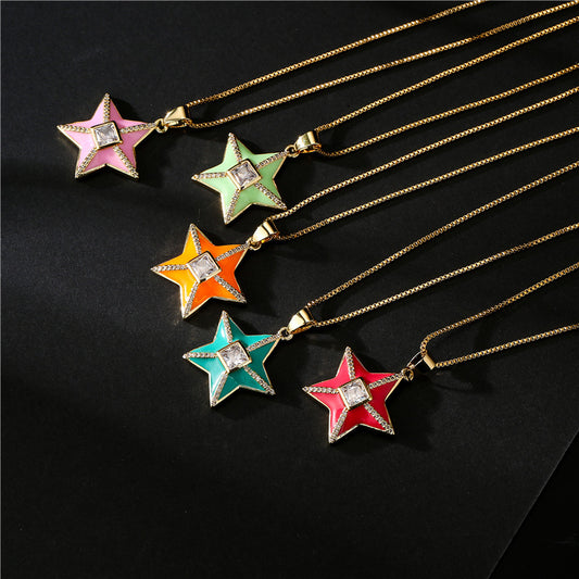 18K Gold Plated Brass Star Drip Oil Cubic Zirconia Pendant Necklace Box Chain for Women