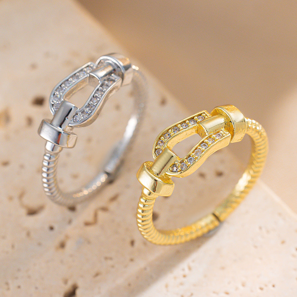Luxury Minimalist Adjustable Open Ring for Women with Gold-Plated Copper Band and Zircon Stone Accent in Heart and Floral Shape