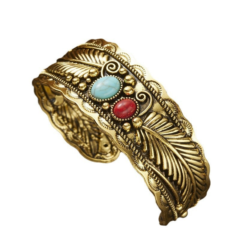 Bracciale vintage da donna con intarsi in turchese a forma di foglia, in lega placcata, stile etnico