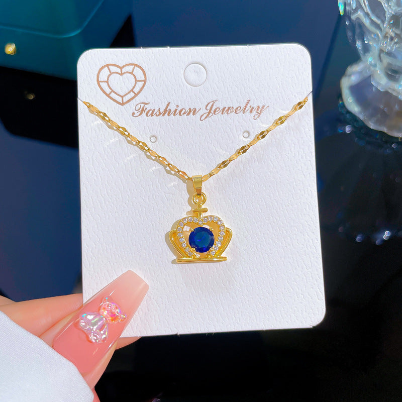 Luxury Blue Crown Pendant Necklace for Women Titanium Steel Geometric Locket Chain with Zircon Inlay