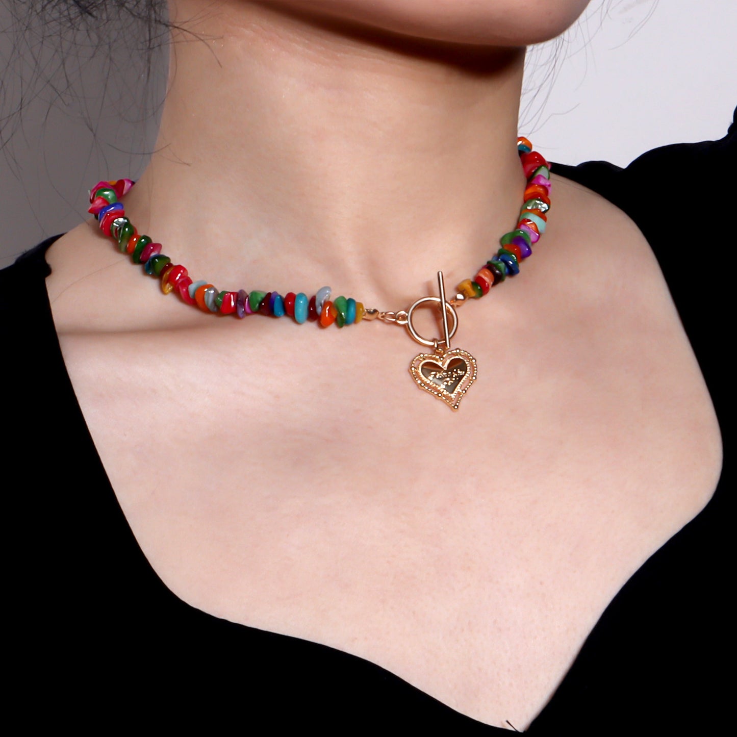 Elegant Hollow-Out Heart Pendant Necklace for Women Alloy Plated with Colorful Stones on Wavy Chain