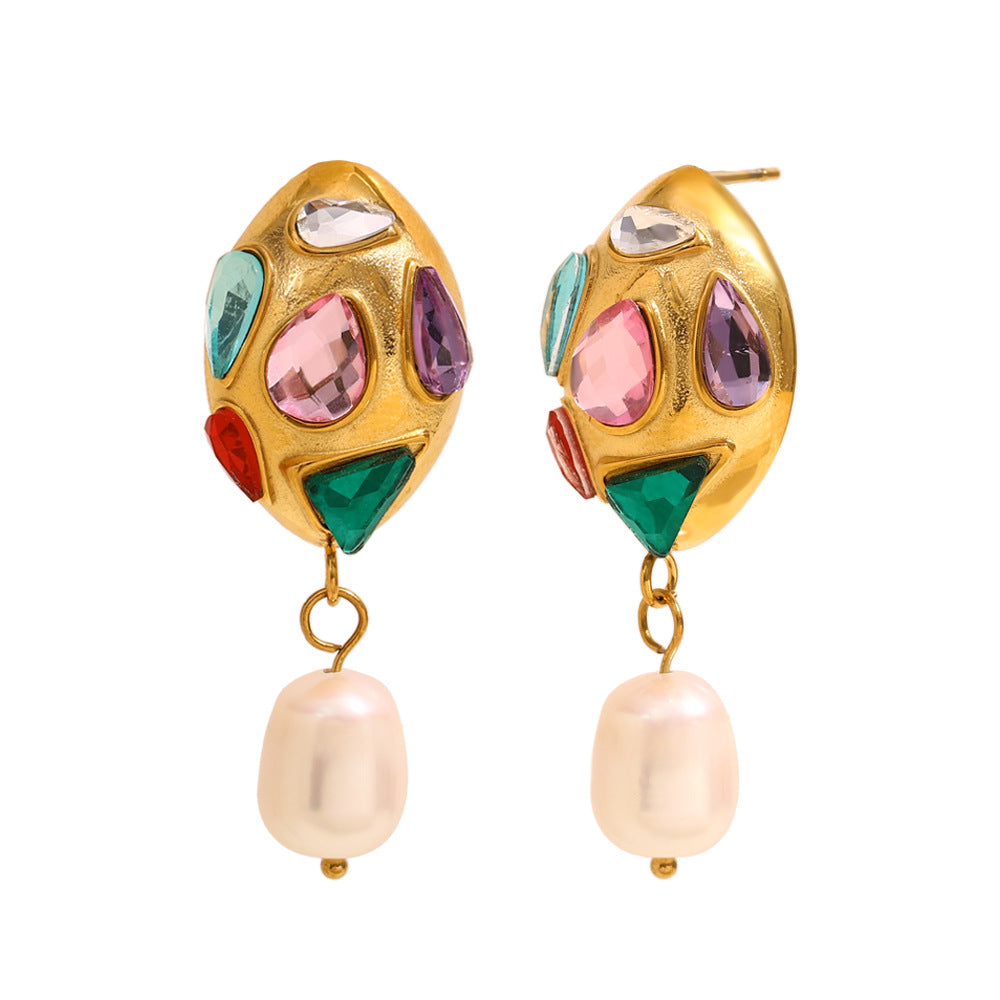 Fashionable Minimalist Geometric Stainless Steel 18K Gold Plated CZ Pearl Stud Earrings for Women