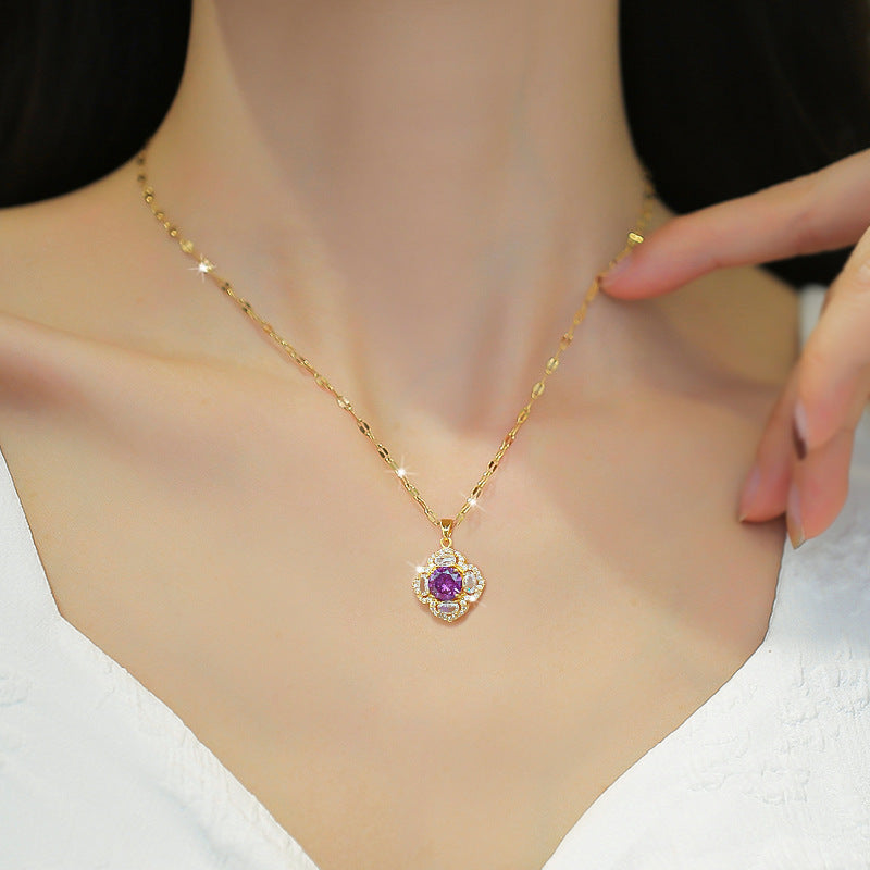 Luxury Floral Design Titanium Steel Necklace with Zircon Inlay for Women Featuring Rose Camellia and Lily of the Valley Petal Motifs
