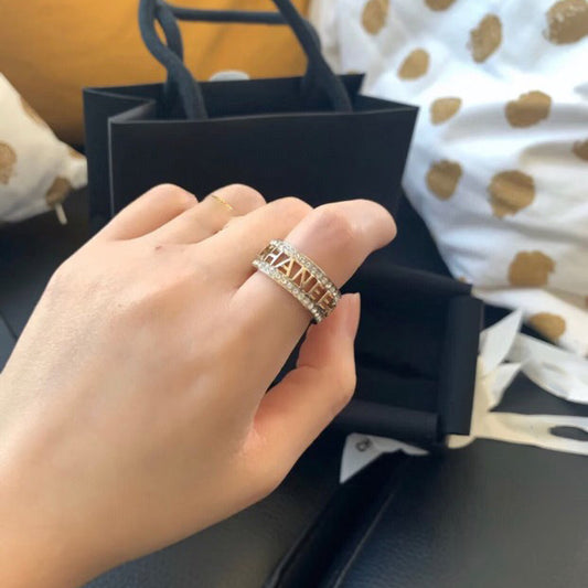 Luxury Gold Plated Brass Double Row Rhinestone Letter Ring